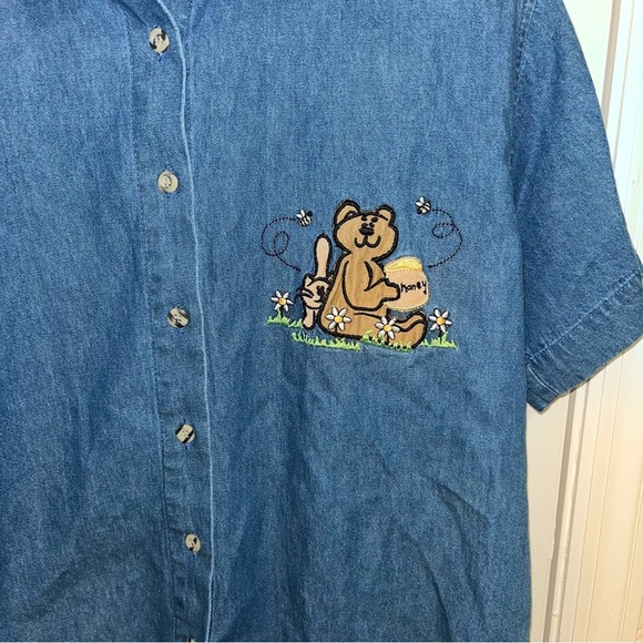 Vintage 90s y2k denim button shirt bear honey bees shoulder pads S new nwt - Picture 4 of 6